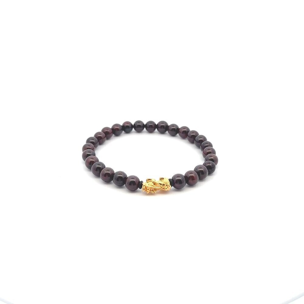 18K Gold Pixiu Piyao Lucky Charm Bracelet Natural Garnet Gemstones 6mm